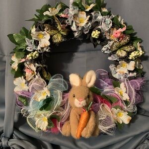 Floral Bunny Wreath with Butterfly Accents